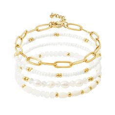 PRICES MAY VARY. Gold Bracelet Set---a simple and exquisite bracelets set. Contains 1gold plated seed beaded bracelet, 1crystal beads bracelet, 1paperclip link chain bracelet and 1pearl bead designs. Adjustable Size---different style bracelets can provide you more choices for varied clothing matching. The length of these link chain bracelets are ADJUSTABLE; Paperclip bracelet is 6.8" + 1.35" extender chain, Other 3 bead bracelet is elastic, approx 6.8" , Stretchable, suitable for most womens wri Crystal Beaded Bracelets, Paperclip Bracelet, Popular Bracelets, Dainty Gold Bracelet, Gold Bracelet Set, Bracelets Gold, Beads Bracelet Design, Bracelets Set, Chain Bracelets