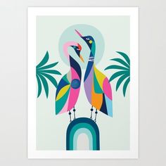 two colorful birds sitting on top of each other