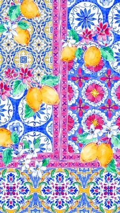 an artistic tile design with lemons and flowers on the border, painted in bright colors