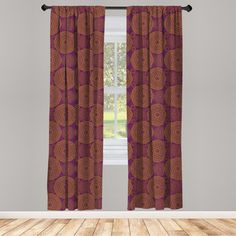 an open window with purple curtains and wooden flooring in front of the window is a wall