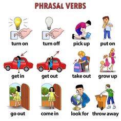 an english poster showing different types of phrasal verbs for children to learn