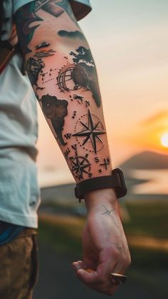 Adventure Tattoos For Men, Tattoo Ideas For Men Ocean, Compass Rose Tattoo Men Forearm, Small Tattoo Leg Men, Sleeve Tattoos Travel, Travelling Tattoos Men, Detailed Tattoo For Men, Paris Inspired Tattoos, Nautical Map Tattoo Design