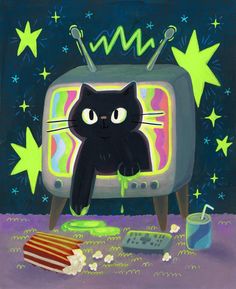 a painting of a black cat sitting in front of a tv with stars on it