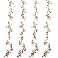 four red and green flowers hanging from strings