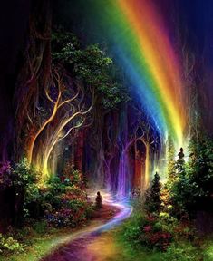 a painting of a rainbow in the middle of a forest with trees and flowers on either side