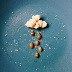 an orange and some pieces of fruit are on a blue plate with white flakes