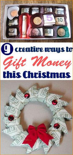 dollar bill christmas wreath with the words creative ways to gift money this christmas