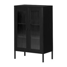 a black cabinet with two doors on one side and an open door on the other