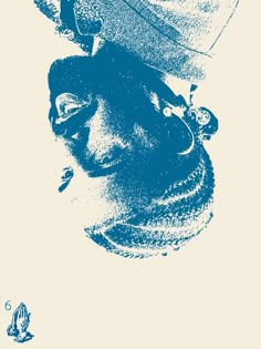 a blue and white poster with an image of a man's head wearing a hat