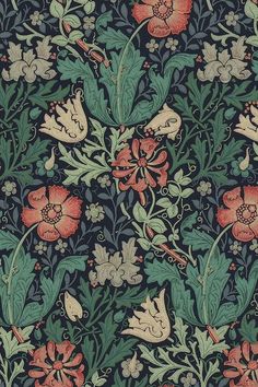 an intricately designed wallpaper with red and green flowers on black, blue background