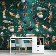 a space themed wallpaper with astronauts and other planets in the sky, as well as children's toys