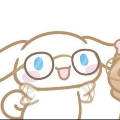 a cartoon bunny with glasses holding a cell phone up to its ear and looking at the camera