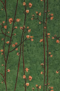 a painting of branches with flowers on them against a green background that looks like it has been painted