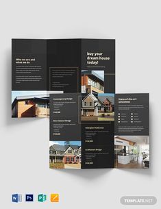 an open brochure with pictures of houses on the front and back pages in black