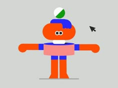 an orange and blue cartoon character with one arm out, pointing at the other hand