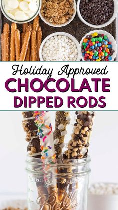 chocolate dipped rods with sprinkles and candies in glass jars