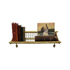 a metal shelf with books on it and a painting in the middle, sitting next to other books