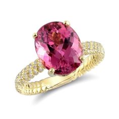 Pink Tourmaline and Diamond ring Statement Rings Diamond, Pink Tourmaline Ring, Garnet Earrings, Pink Jewelry, Tourmaline Ring, Yellow Gold Earring, Pink Ring, 18k Yellow Gold Ring, Exquisite Jewelry