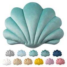 various colors of scallop shell shaped pillow on white background with color swatches