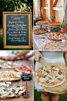 a collage of different types of pizzas and pies on display at an outdoor party