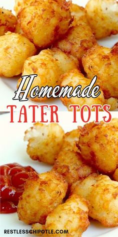 some tater tots on a white plate with ketchup