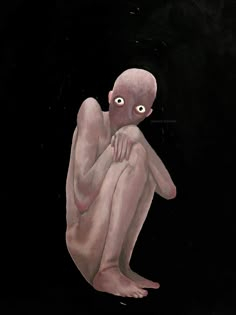 a painting of a naked person sitting on the ground with one eye open and two hands in front of his face