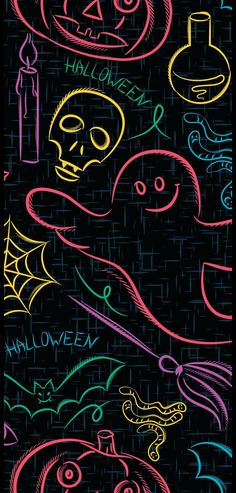 an image of halloween chalk art on a blackboard with colorful writing and symbols in the background