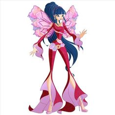 a cartoon girl dressed in pink and purple with wings on her head, holding a flower