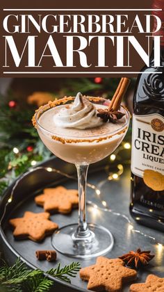 a gingerbread martini in a glass with cinnamon sticks on the rim and an icecream garnish