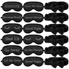 sleep masks with different words on them and the names in each one's eyes