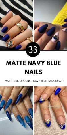 Discover chic short matte navy blue nail designs, including square, almond, and coffin shapes with gold accents. Save this pin to your nail art board and explore more ideas in the article. Navy Blue Nail Designs, Royals Nails, Royal Blue Nails, Navy Blue Nails, Matte Nails Design, Almond Nails Designs, Blue Nail Designs