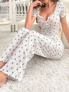 Multicolor  Collar   Geometric Pant Sets Embellished Slight Stretch All Women Sleep & Lounge Shein Pyjama Set, Nice Pajamas For Women, Baddie Pajama Outfits, Night Wear For Women Sleep, Bedtime Outfits, Sleepwear Women Pajamas, Nude Outfits, Cotton Pajama Pants, Pajama Fashion