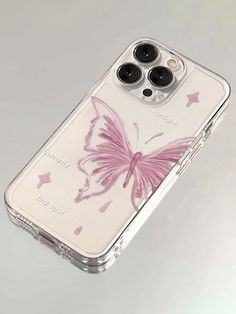 an iphone case with a pink butterfly on the back and stars in the background,