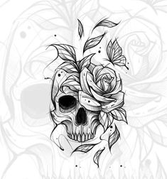 a skull with roses and leaves on it's head, in black and white