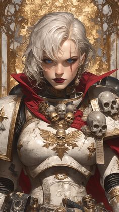 a woman with white hair wearing armor and skulls on her chest, standing in front of a