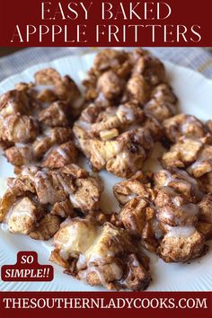 an easy baked apple fritters recipe on a white plate with text overlay