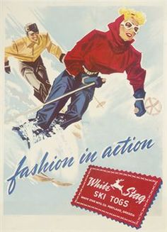 an advertisement for skis featuring two skiers