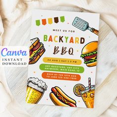 the back yard bbq flyer is displayed on a white table with food and drinks