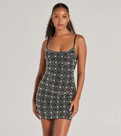 This sleeveless mini dress features a flattering scoop neckline, adjustable spaghetti straps, and a bodycon silhouette. The mesh-lined fabric is embellished with countless rhinestones and faux pearls. Fit & FeaturesMesh fabric lined with stretchy knitScoop necklineAdjustable spaghetti strapsSide zipper and hook-eye closureRhinestone and faux pearl embellishedBodycon mini-length silhouetteRuns true to size Pearl Mini Dress, Hoco 2024, Sorority Dresses, Club Dresses Short, Damas Dresses, Winter Bridesmaid Dresses, Winter Formal Dresses, Military Ball Dresses, Brunch Dress