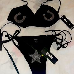 Size L. New Set 2 Pieces Glamorous Black Swimwear For Beach, Party Swimwear With Rhinestones For Beach Season, Party Beachwear With Rhinestones, Neon Green Swimsuit, Custom Bathing Suits, Witchy Aesthetic, Green Swimsuit, Cute Lazy Outfits, Lazy Outfits