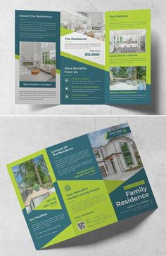 an open tri fold brochure with green accents