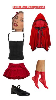 red riding hood and skirt with black stockings