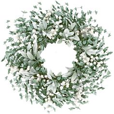 a wreath with white flowers and green leaves