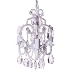 a white chandelier with crystal drops hanging from it's centerpieces