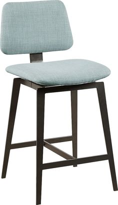 an upholstered chair with a wooden frame and seat cushion in light blue fabric