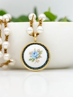 Vintage Porcelain Blue Flower Pearl Necklace – The Elegant Muse Flower Pearl Necklace, Chain Crochet, Pearl Necklace Vintage, Rose A, Porcelain Blue