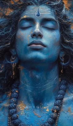 a painting of a woman with blue paint on her face and chest, eyes closed