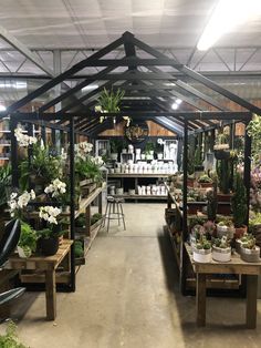 the inside of a greenhouse filled with lots of potted plants and flowers on tables