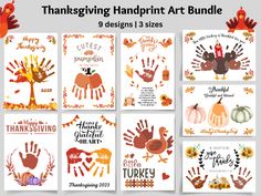 thanksgiving handprint art bundle with turkeys, pumpkins and other fall themed items