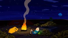 two cartoon characters are sitting in front of a campfire and watching the night sky